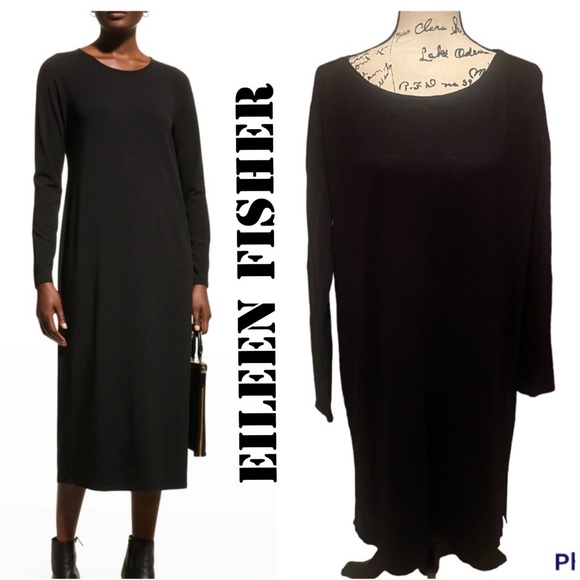 EILEEN FISHER BLACK MIDI LINEN DRESS MEDIUM LARGE - Picture 1 of 7